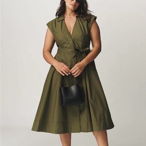 Maeve Green A-Line Midi Dress with V-Neck and Cap Sleeves